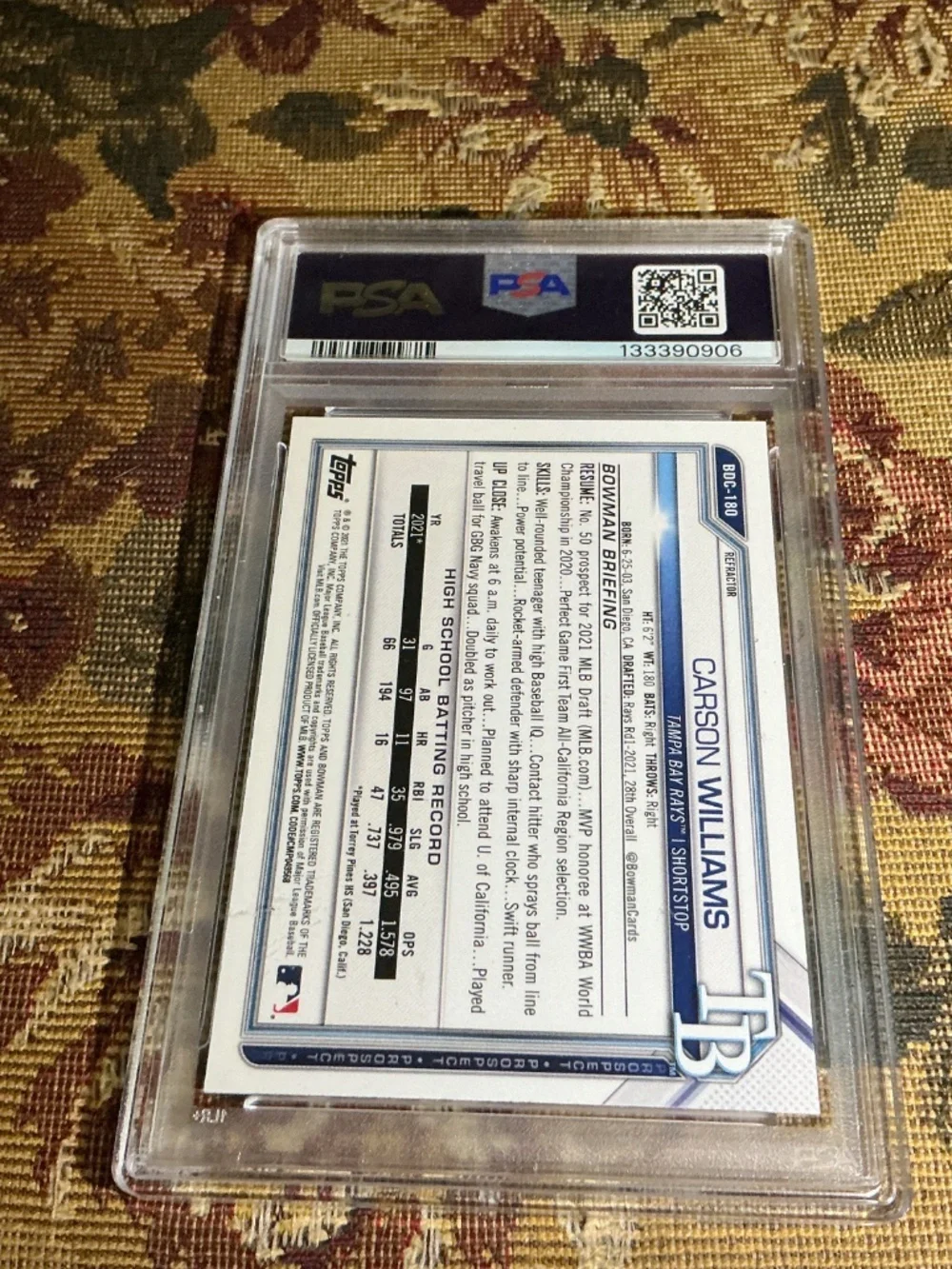 2021 BOWMAN DRAFT CHROME-REFRACTOR #BDC180 CARSON WILLIAMS Rookie Graded PSA 9